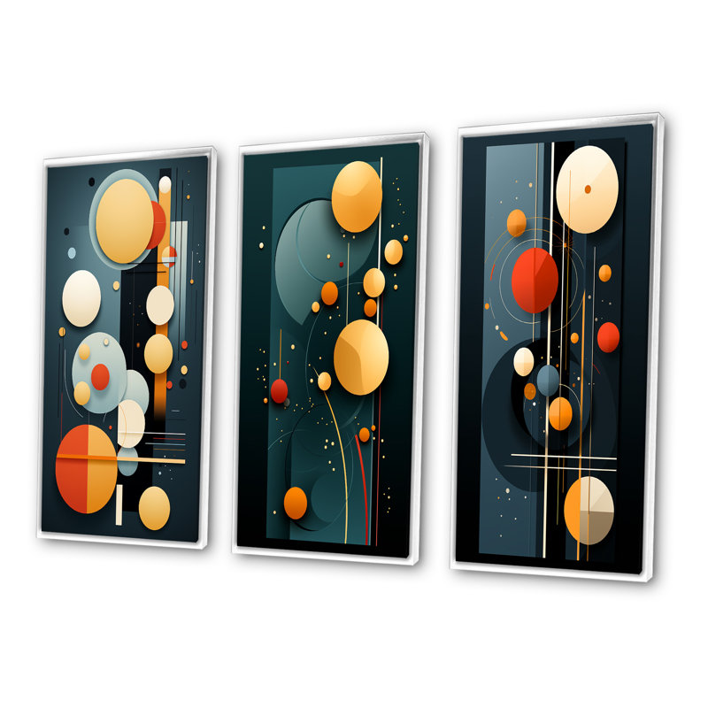 «Retro Circular Minimalisme In Vintage», 3 pièces sur toile, Cadre flottant blanc, H 32 po x l 48 po