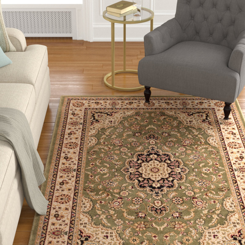 Tapis vert Denzel Medallion Kashan, Rectangle 9 pi 3 po x 12 pi 6 po