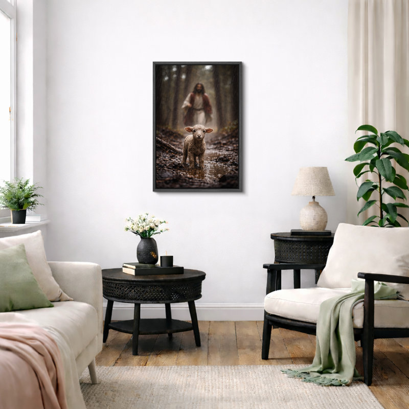 «Lamb and Shepherd Spiritual Forest», reproduction d'art sur toile encadrée, impression sur toile, Structure noire