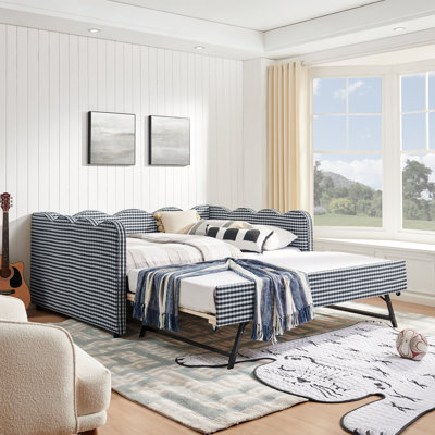 Lit de jour à carreaux vichy pleine grandeur avec lit gigogne simple, port USB, design ondulé, tissu en lin, aucun sommier requis