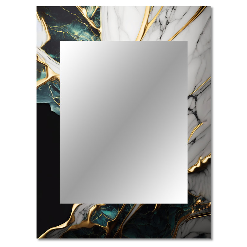 Abstrait Geode Gold and Green Marble III - Miroir mural décoratif en marbre, miroir vert, impression sur métal, 40 po x 30 po
