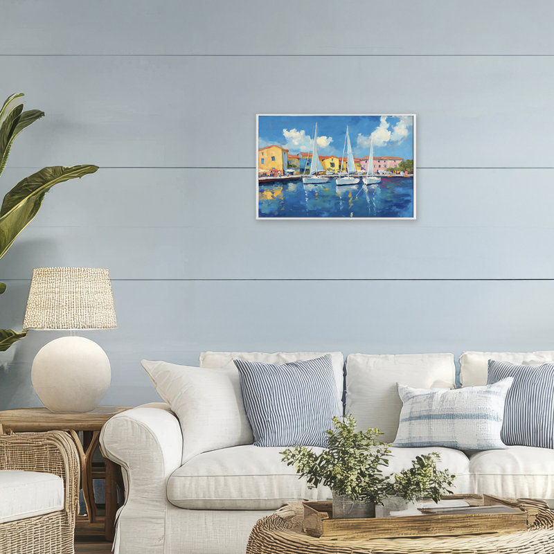 Giclée encadrée de bateaux blancs dans un port coloré, design par Franklyn Gregory, H 16 po x l 24 po