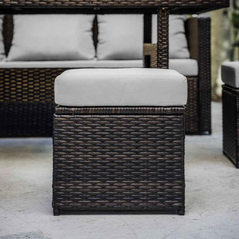 Brown Wicker 7-Piece Outdoor Dining Set with Off-White Cushions