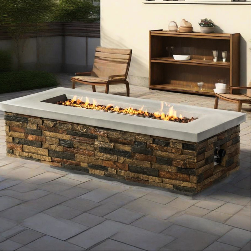 Table de foyer d'extérieur au propane 60 pièces 2 pièces, béton rectangulaire pour terrasse et jardin, 60000, apparence, activités de groupe spacieuses, brûleur, contrôle de la flamme réglable, ensemble tout en un avec lave