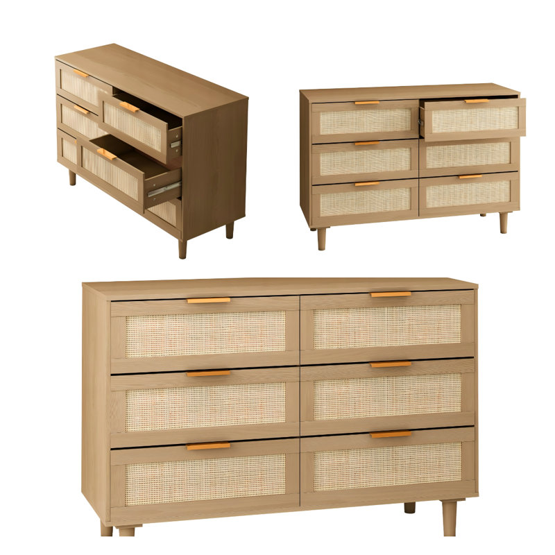 6-Drawer Rattan Dresser with Oak Finish Modern Storage Cabinet for Bedroom Living Room Entryway