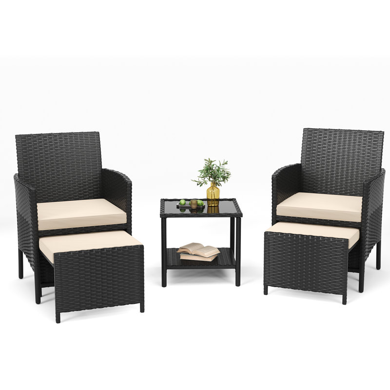 5 Pieces Outdoor Wicker Patio Conversation Set With Cushions And Ottoman, Beige Cushion/Black Frame