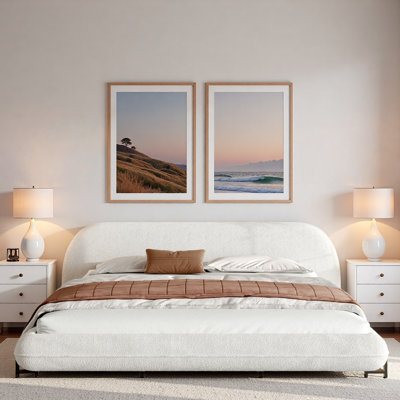Upholstered Platform Bed With Curve-shaped Thick Headboard And Sturdy Legs