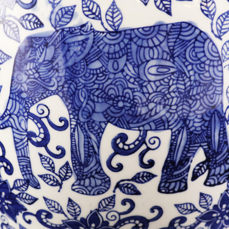 Blue And White Porcelain Fishbowl With Elephant Design, 6.5" H x 8" W x 8" D