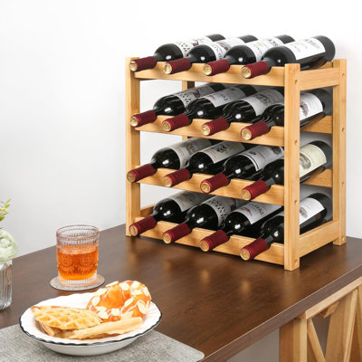 4-Tier Bamboo Wine Rack For Countertop - Sturdy & Durable Wine Storage Shelf Holds 16 Bottles - Wave Design Prevents Tilting - Compact Kitchen Pantry by Lark Manor