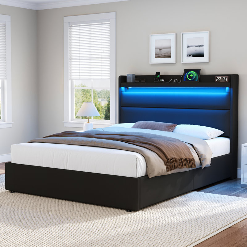 Upholstered Wingback Storage Bed Frame, Led Lights Headboard&4 Storage Drawers, Full, Black