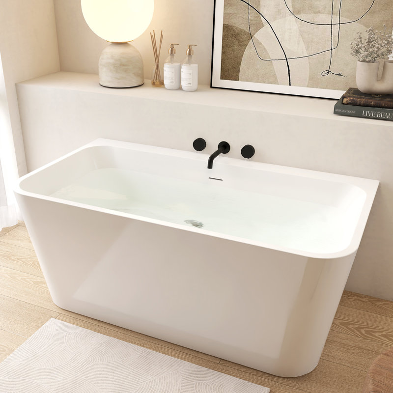 55" Stand Alone White Tub Acrylic Rectangular Freestanding Soaking Bathtub