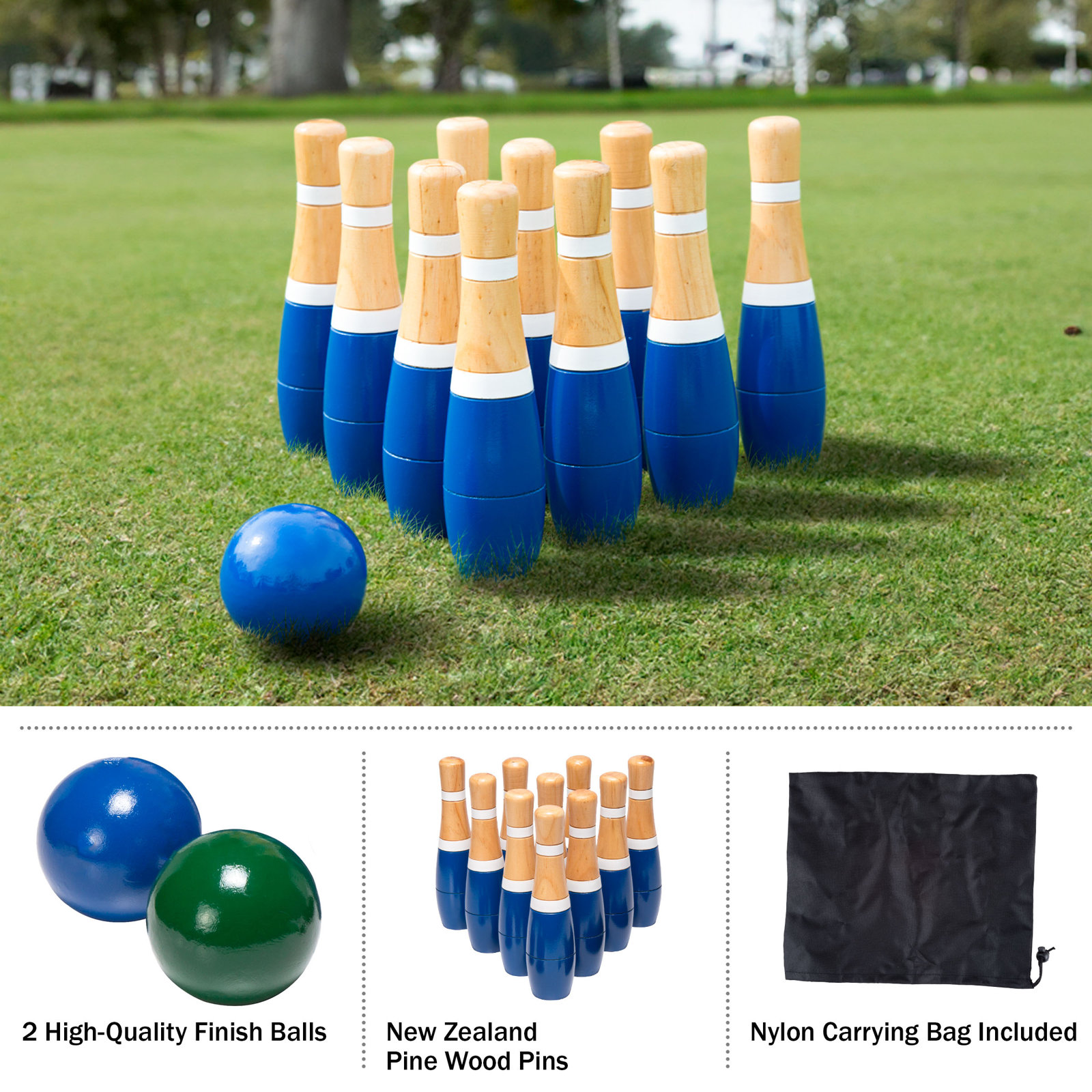 13-Piece Wood Bowling Set - Indoor/Outdoor Bowling Game for Adults and Kids Ages 3 and Up - 10 Wood