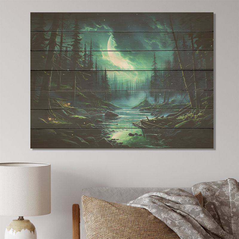 Northern Lights Forest Dreams II - Forêt et rivière sur bois, H 10 po x l 20 po x P 0,78 po