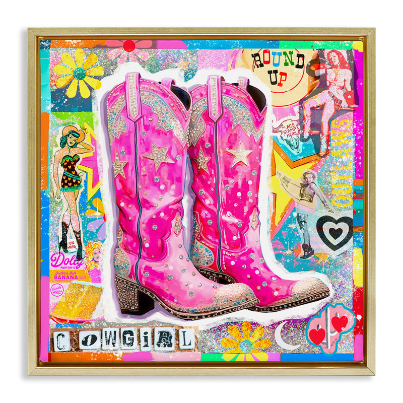 «Groovy Vintage Cowgirl», art mural encadré sur toile flottante par Jess Stempel, Cadre flottant métallique doré