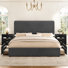Ensemble de chambre à coucher 3 pièces, lit rembourré avec 4 tiroirs et 8 tables de chevet