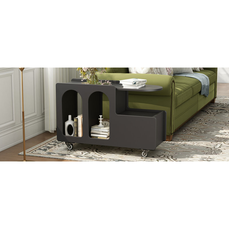 End Table With Lockable Wheels, Side Table With Storage Drawer, Black