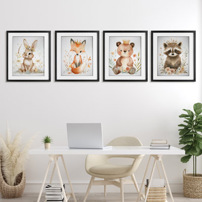 «Whimsical Crowned Baby Animals», ensemble de 4 reproductions encadrées sous verre, par Ramona Murdock