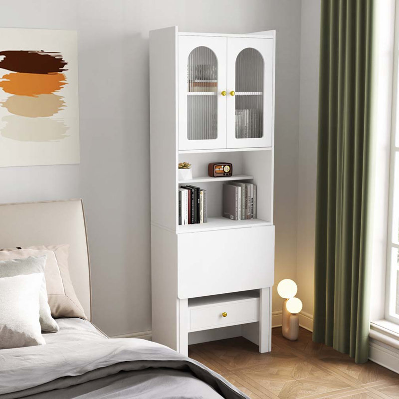 Fold-Out Convertible Writing Table, Desk Cabinet with shelf and drawer, White