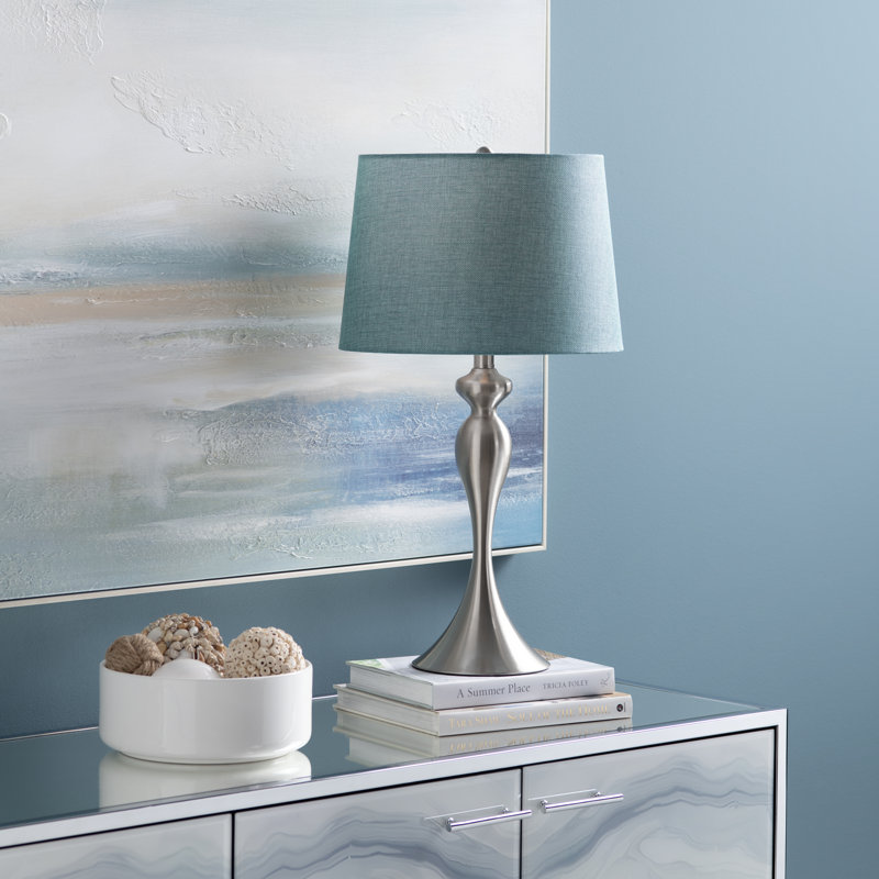 Set Of 2 25.5" Steel Table Lamp W/ Linen Shade, Satin Nickel, Blue