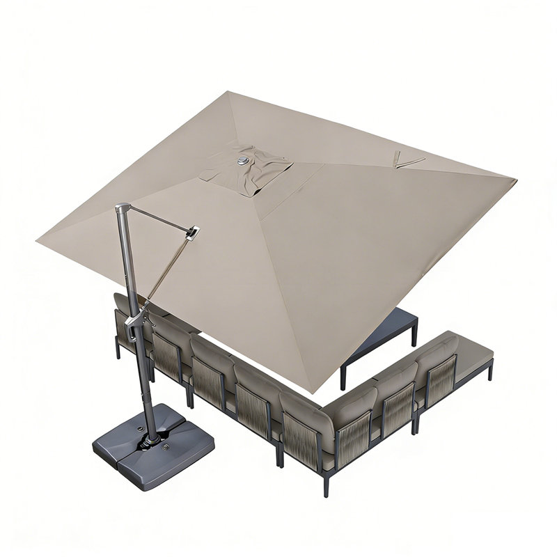 Parasol en porte-à-faux rectangulaire beige 156 pi x 120 po avec base et tissu recyclé résistant à la décoloration