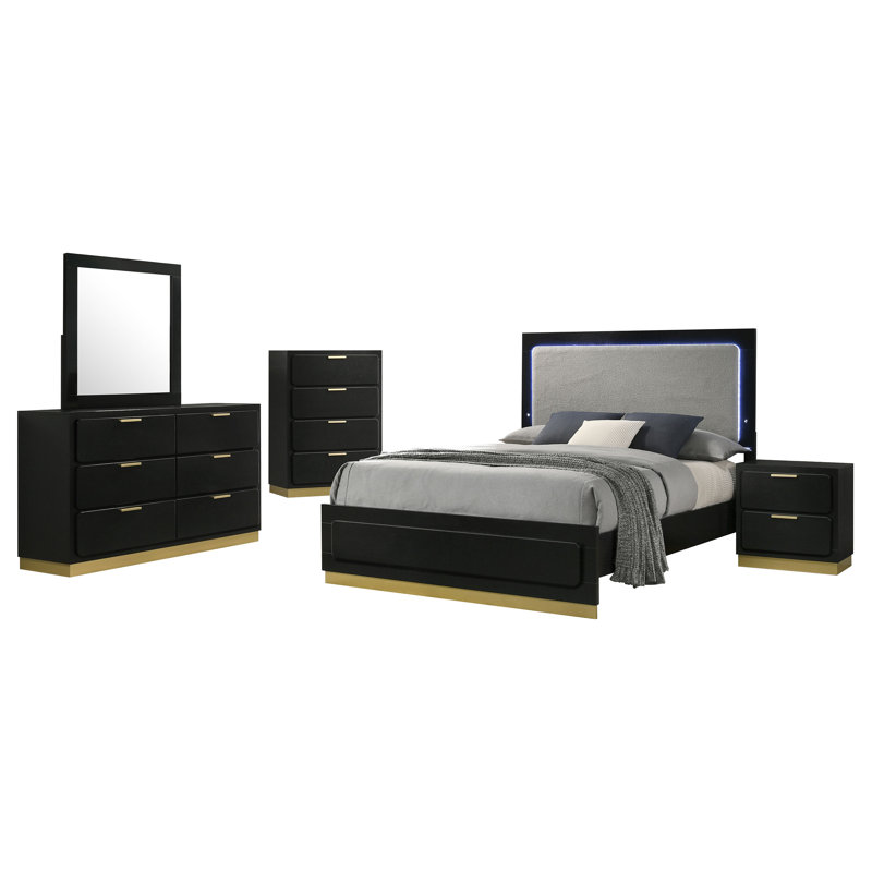 Freret 5-piece Queen Bedroom Set Black, Black, Queen, 5 Pcs: Bed, Nightstand, 2 Dressers, Mirror