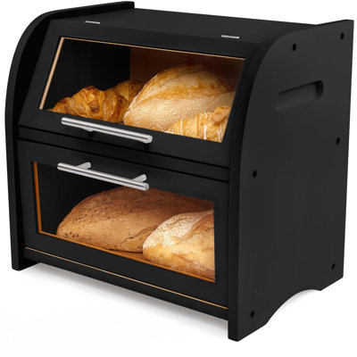 Bamboo Bread Box, Extra Large 2-Shelf Wooden Bread Storage Container(Bamboo Black)