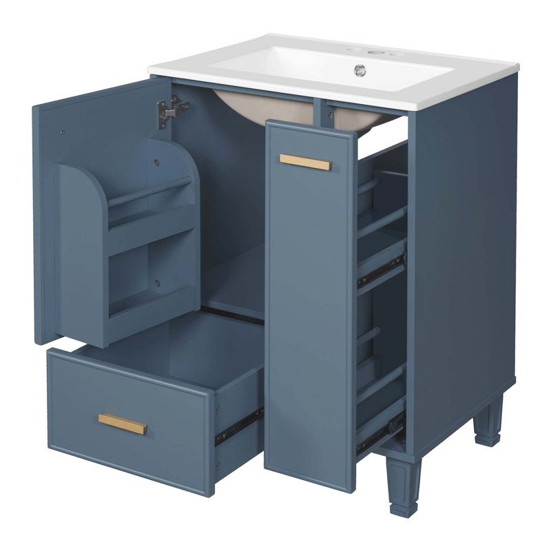 Meuble-lavabo 24 po avec lavabo, armoire de salle de bain avec tablette de porte, tiroir profond, panier coulissant à 2 niveaux