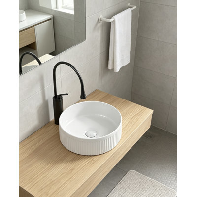 Small Bathroom Sink, 14 Inch Round Bathroom Sinks Above Counter, Porcelain Ceramic White Vessel Sink, Modern Sink, Sink Bowls for Bathroom Vanity Cabinet, Bathroom Sink, Art Wash Basin