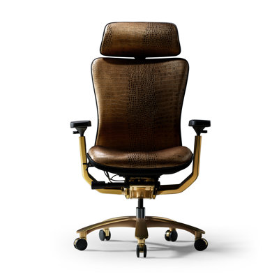 Fauteuil de bureau en cuir véritable, cuir de vache, fauteuil de direction ergonomique pour chef, avec base dorée, accoudoir réglable, appui-tête, soutien lombaire et dossier inclinable - Luxe et commercial