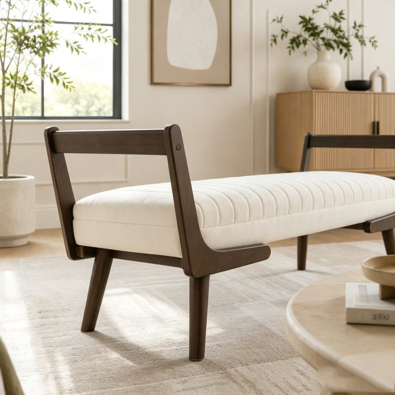 Banc 52 po Mid-Century avec pieds en bois de noyer, Beige
