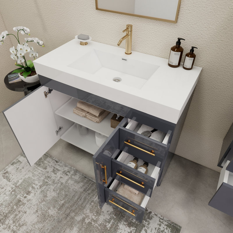 42'' Single Bathroom Vanity with Acrylic Top, Glossy Gray
