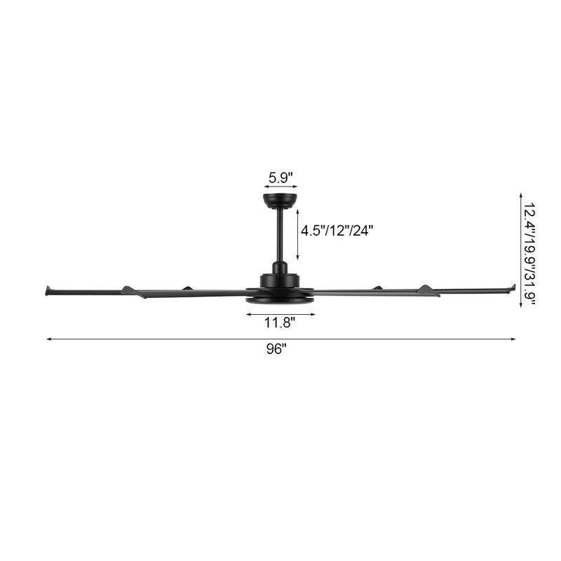 Ventilateur de plafond 6 pales en aluminium avec ensemble d'éclairage et télécommande, 96'', Noir, noir, noir, noir