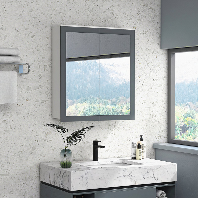 Armoire à pharmacie de salle de bain avec miroir, armoire à miroir murale de salle de bain 27 po x 30 po, armoire murale de salle de bain avec rangement, portes doubles et 2 tablettes réglables