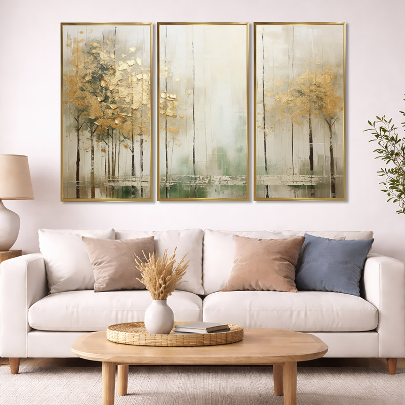 «Minimalisme beige et or forêt II», ensemble de reproduction d'art mural forêt, Cadre flottant doré