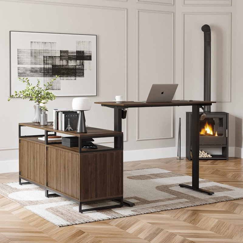 66.1" Height Adjustable L-Shaped Standing Desk with Storage Cabinet, Black
