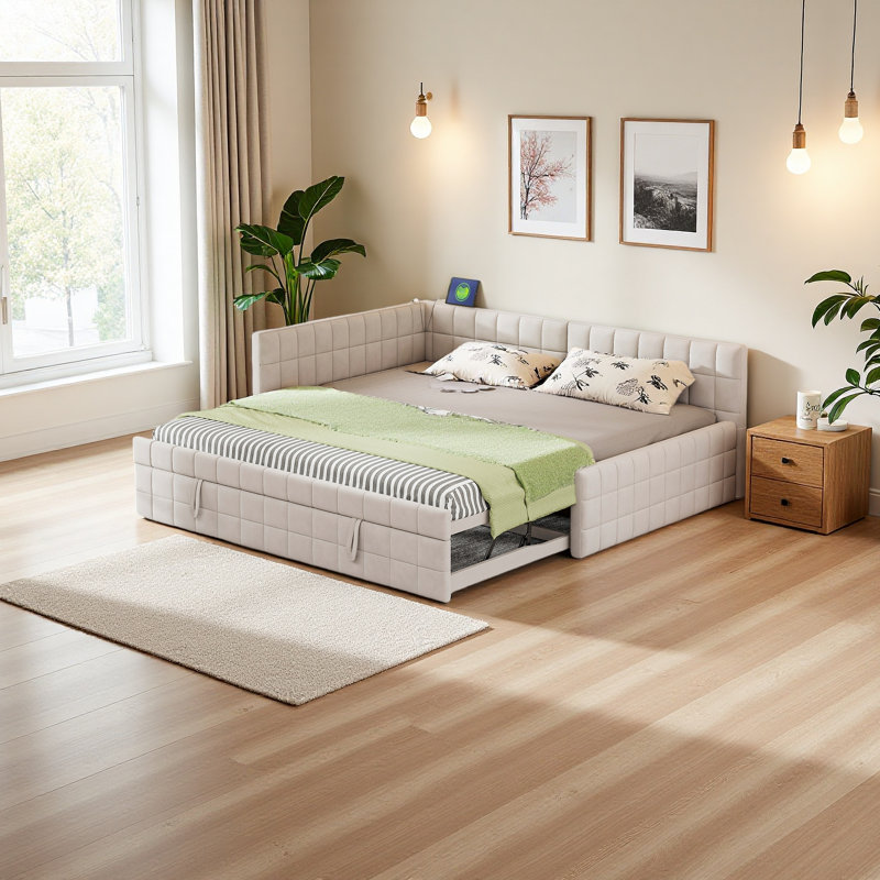 Full Size Upholstered L-Shaped Upholstered Daybed With Twin Size Pop Up Trundle And USB Ports, Beige