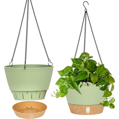 Paquet de 2 pots de fleurs suspendus de 10 pouces pour plantes d'intérieur, paniers suspendus d'extérieur, pots à auto-arrosage avec trous de drainage et plateau amovible (vert, 10 pouces)