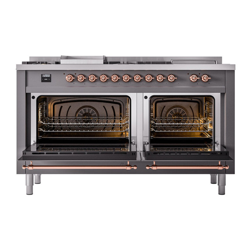 Cuisinière à double combustible ILVE Nostalgie II Series 60 po avec 7 brûleurs scellés, plaque de cuisson et table française (propane liquide, porte pleine)