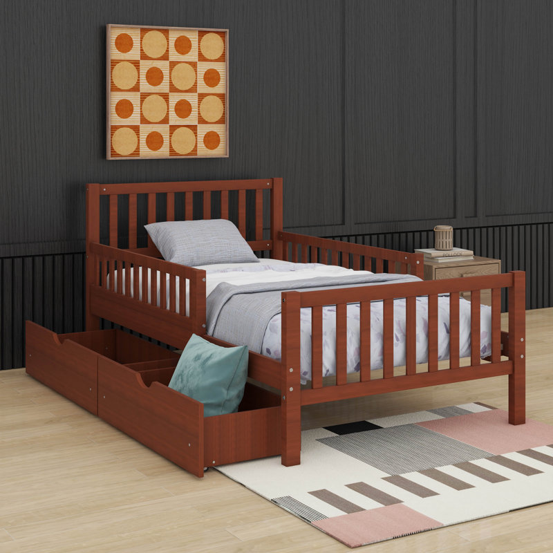 Lit plateforme simple en bois avec garde-corps des deux côtés et tiroirs de rangement, Lit simple