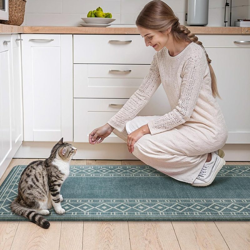 Anti-Fatigue Anti-Slip Waterproof Kitchen Mat, Runner 17" x 59"+17" x 30", Blue/White