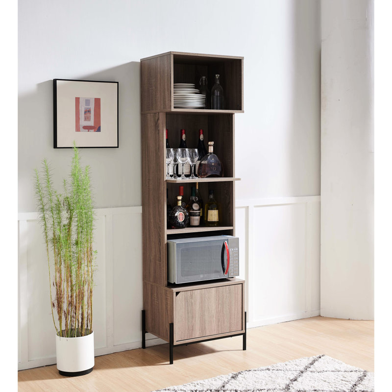 Kitchen Bakers Rack Dark Taupe Look - Storage Cabinet Display 4 Open Shelves, 1 Door Handle Microwave Stand For Up To 20"W X 14"D Small Household Appliance 10Lb Max Weight Per Shelf Kitchen, Four