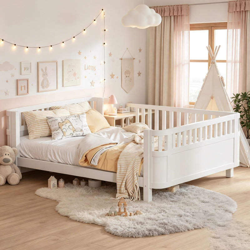 Wood Low Profile Bed With Rails For Girls And Boys, Queen, White