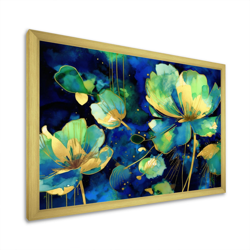 Étang de lotus vert sur toile, Encadrement doré, H 12 po x l 20 po x P 1 po