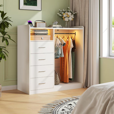 White 4-Drawer Wardrobe Closet, Hanging Rack, LED Lights, Charging Station, Shelves, Bedroom Storage