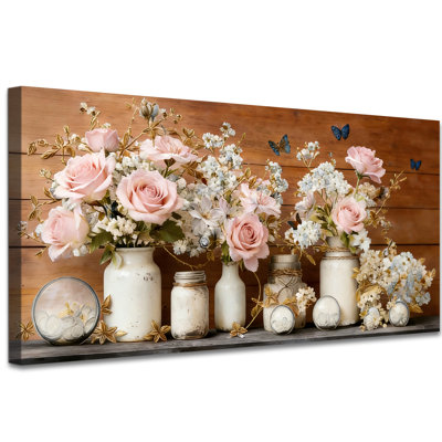 Vintage Rose Floral Canvas Wall Art, 2:1 Panoramic Wrapped Canvas Print with Pink Roses, White Blossoms and Rustic Wooden Background for Bedroom Decor 16×32 Inch
