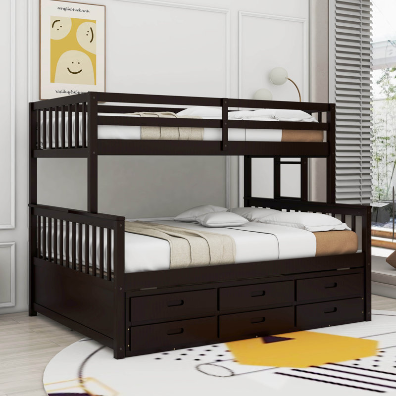 Kids Twin Over Full Bunk Bed with Trundle with Drawers, Espresso