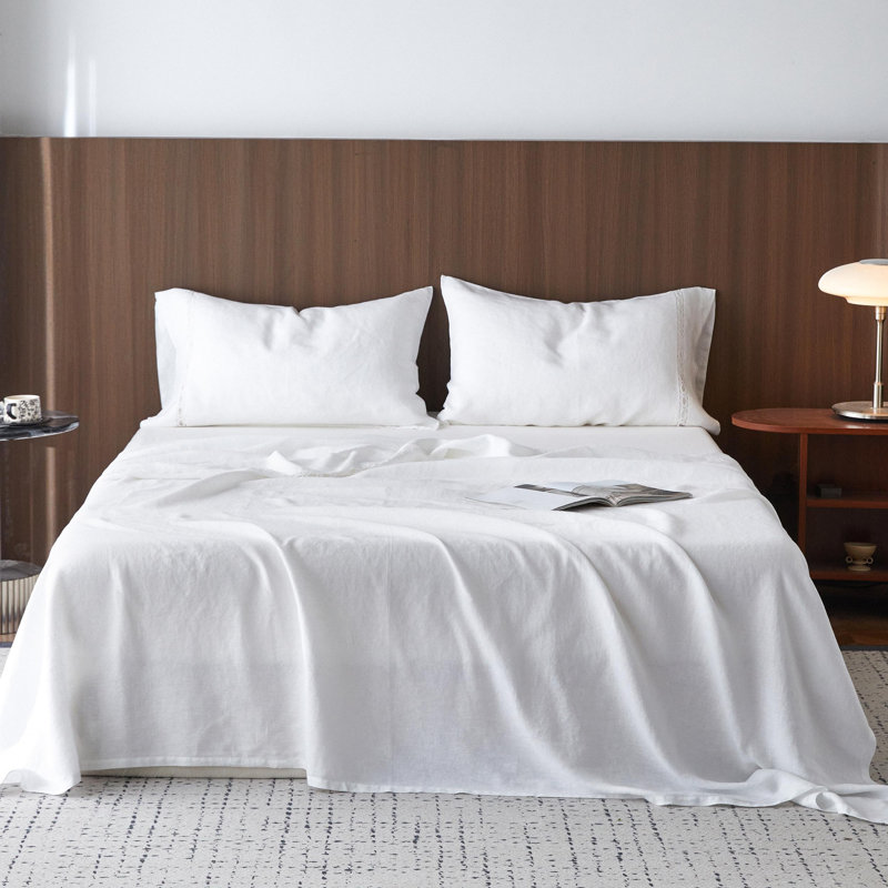 100% Washed Linen Sheet Set-Natural French Flax Bed Sheet, White, King 1 flat sheet +1 fitted sheet +2 pillowcases