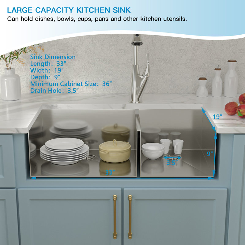 33" L x 19" W Undermount Double Bowl 60/40 Kitchen Sink Double Basin 16 Gauge Stainless Steel Sink