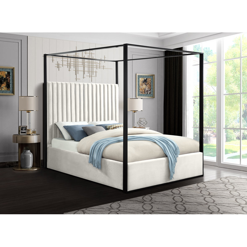 Tessa Upholstered Metal Canopy Bed, Cream Velvet, Queen