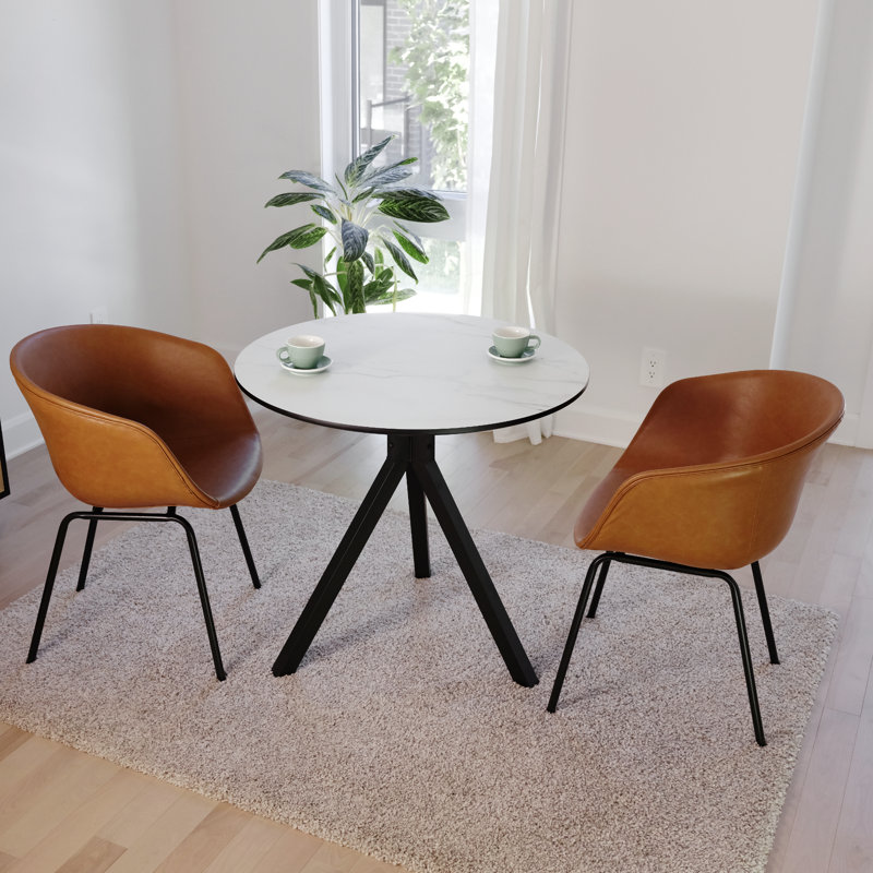 Ensemble de salle à manger 3 pièces avec table en faux marbre et 2 chaises de salle à manger rembourrées Cognac (table de 31,5 po)